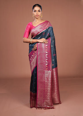 Blue Dupion Silk Saree With Blouse Piece