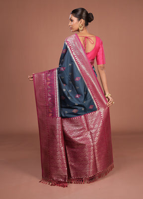 Blue Dupion Silk Saree With Blouse Piece