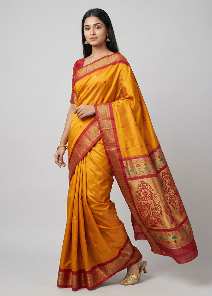 Orange Handloom Kanjivaram Pure Silk Saree With Blouse Piece
