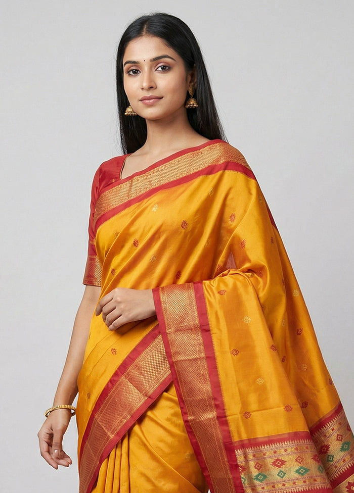 Orange Handloom Kanjivaram Pure Silk Saree With Blouse Piece