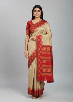 Cream Kanjivaram Silk Saree With Blouse Piece