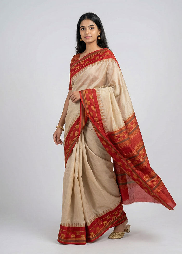Cream Kanjivaram Silk Saree With Blouse Piece