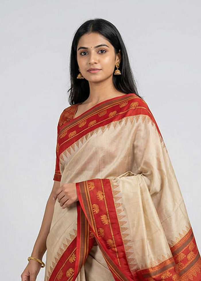 Cream Kanjivaram Silk Saree With Blouse Piece