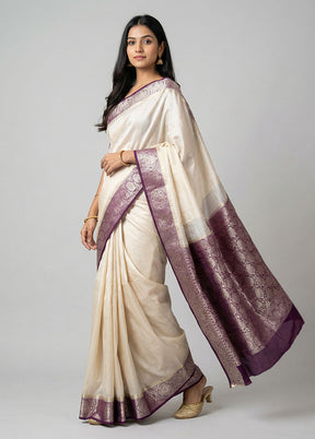 White Handloom Dupion Pure Silk Saree With Blouse Piece