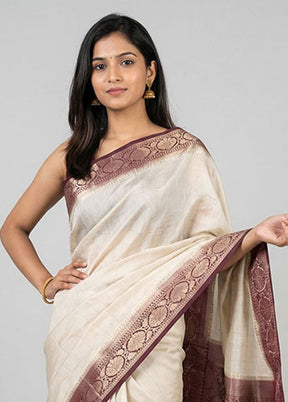 White Handloom Dupion Pure Silk Saree With Blouse Piece
