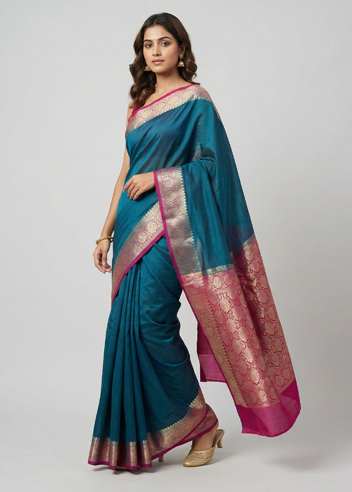 Blue Handloom Dupion Pure Silk Saree With Blouse Piece