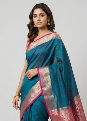 Blue Handloom Dupion Pure Silk Saree With Blouse Piece