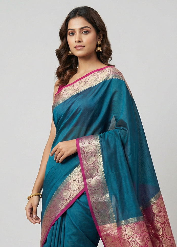 Blue Handloom Dupion Pure Silk Saree With Blouse Piece