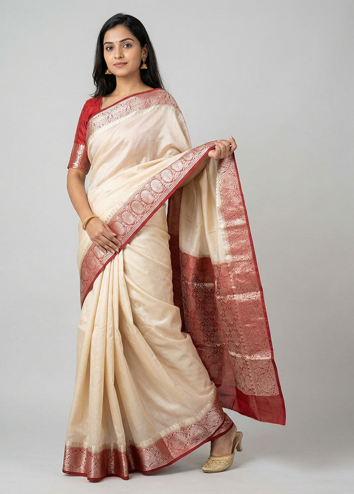 Cream Handloom Dupion Pure Silk Saree With Blouse Piece