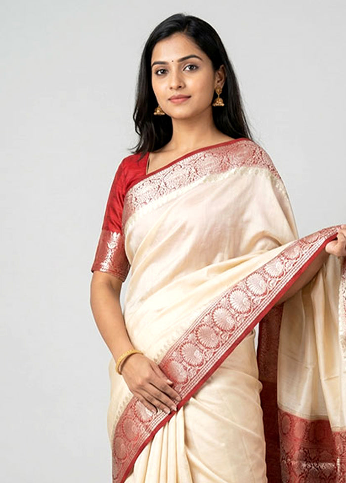 Cream Handloom Dupion Pure Silk Saree With Blouse Piece