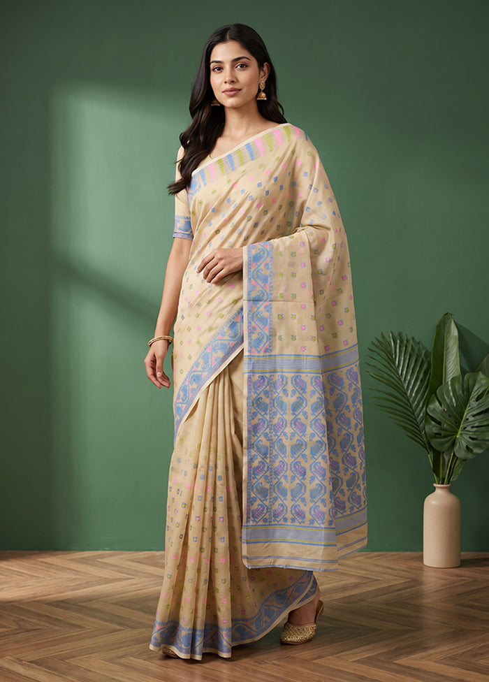 Cream Jamdani Cotton Saree Without Blouse Piece