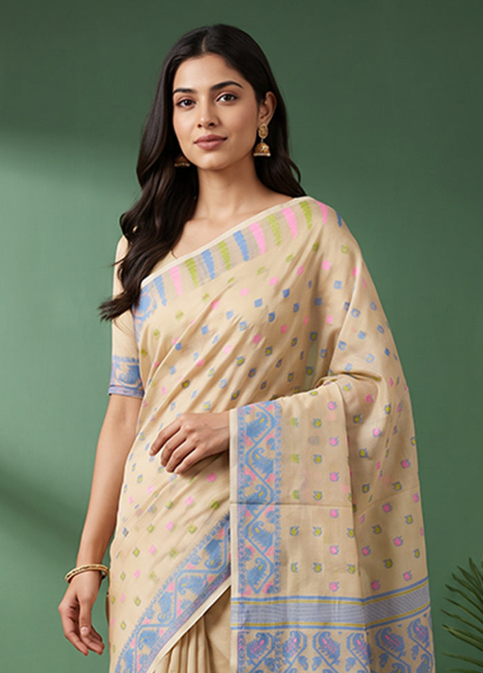Cream Jamdani Cotton Saree Without Blouse Piece