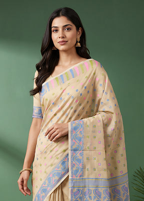 Cream Jamdani Cotton Saree Without Blouse Piece