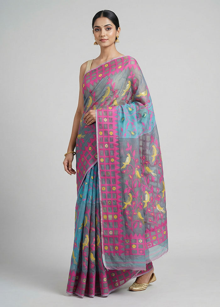 Blue Jamdani Cotton Saree Without Blouse Piece