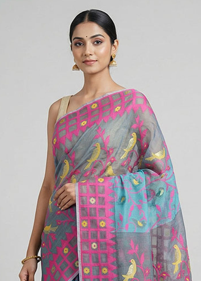 Blue Jamdani Cotton Saree Without Blouse Piece