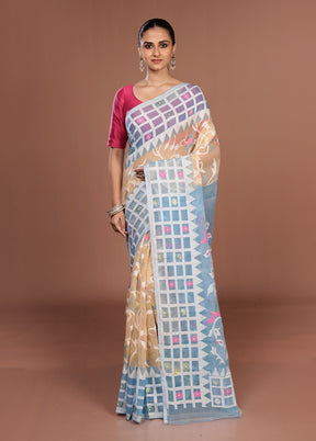 Blue Jamdani Cotton Saree Without Blouse Piece