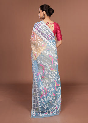 Blue Jamdani Cotton Saree Without Blouse Piece