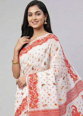White Jamdani Cotton Saree Without Blouse Piece