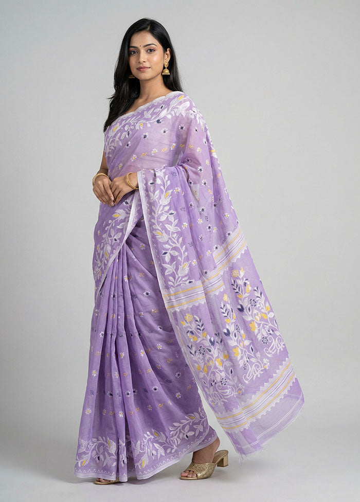 Purple Jamdani Cotton Saree Without Blouse Piece