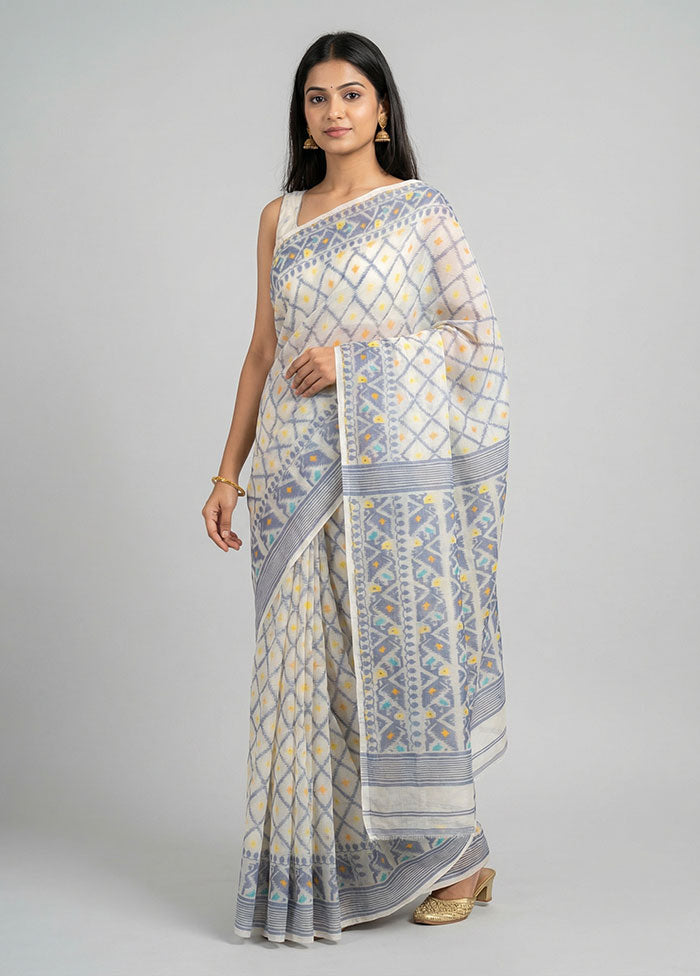 White Jamdani Cotton Saree Without Blouse Piece