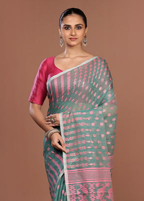 Blue Jamdani Cotton Saree Without Blouse Piece
