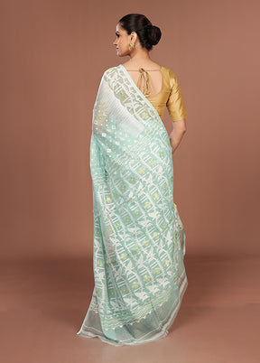Blue Jamdani Cotton Saree Without Blouse Piece