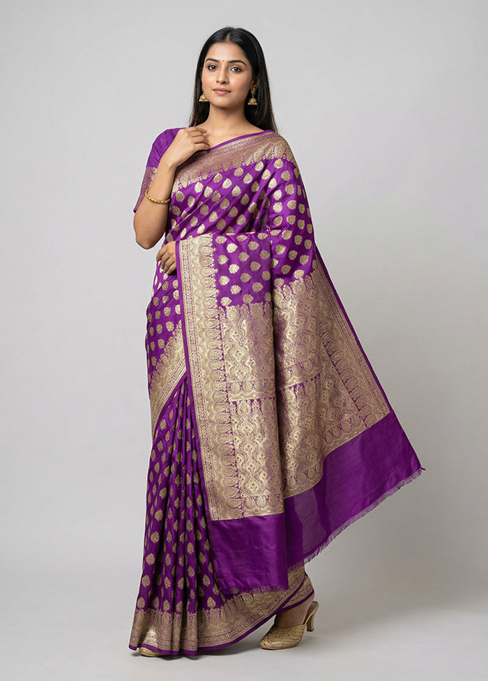 Purple Handloom Banarasi Pure Silk Saree With Blouse Piece