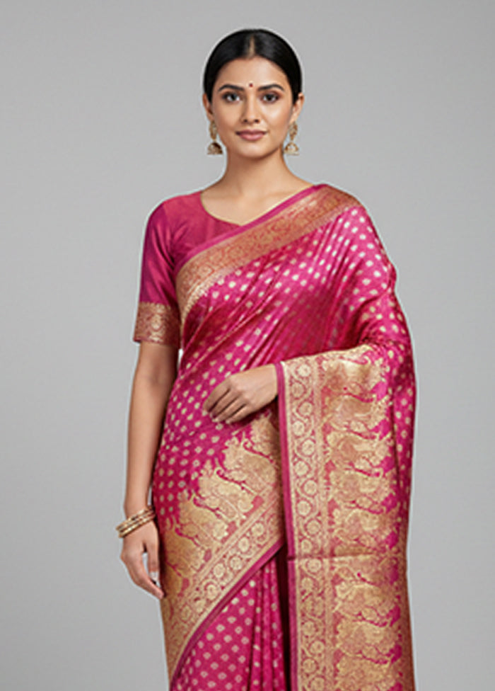 Pink Handloom Banarasi Pure Silk Saree With Blouse Piece