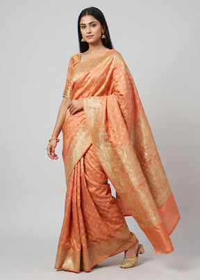 Peach Handloom Banarasi Pure Silk Saree With Blouse Piece