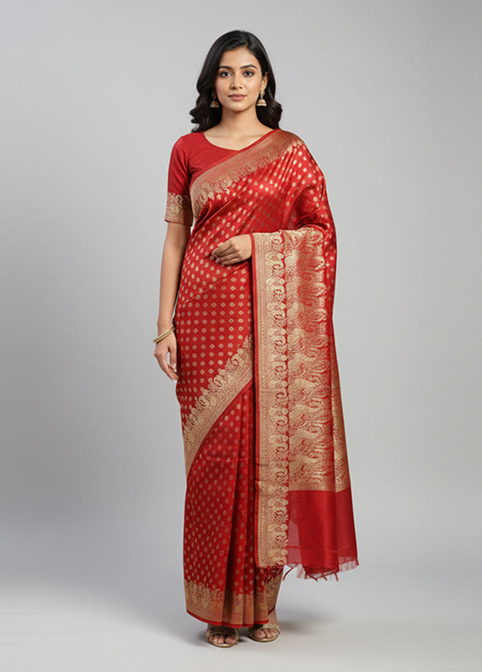 Red Handloom Banarasi Pure Silk Saree With Blouse Piece