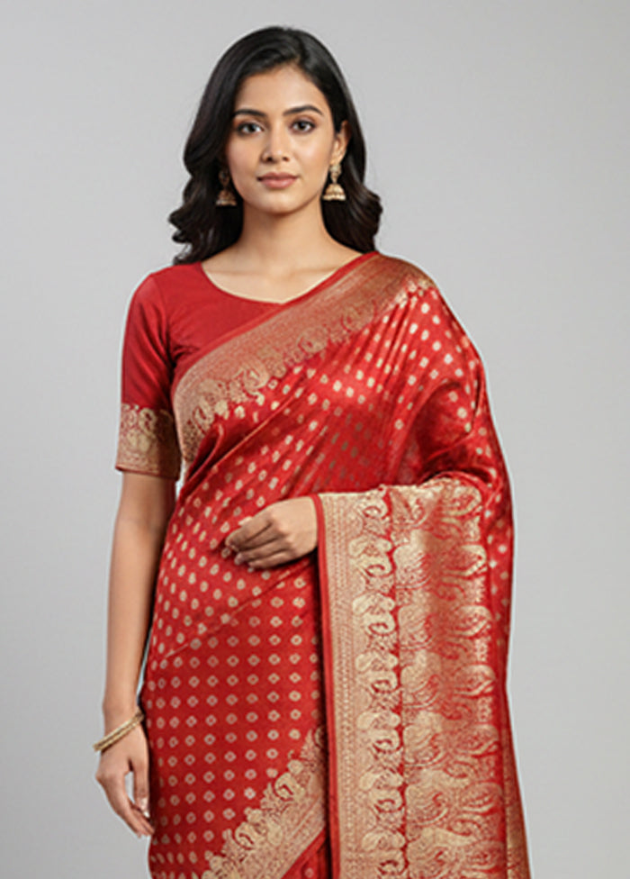 Red Handloom Banarasi Pure Silk Saree With Blouse Piece