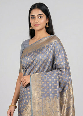 Grey Handloom Banarasi Pure Silk Saree With Blouse Piece