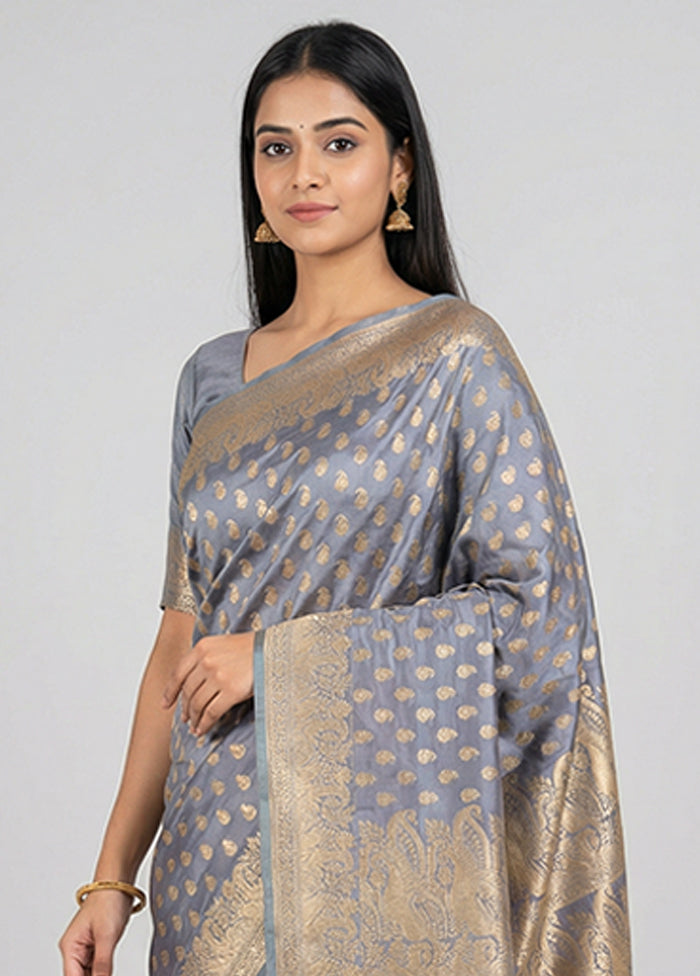 Grey Handloom Banarasi Pure Silk Saree With Blouse Piece
