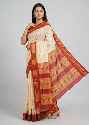 Cream Kanjivaram Silk Saree With Blouse Piece