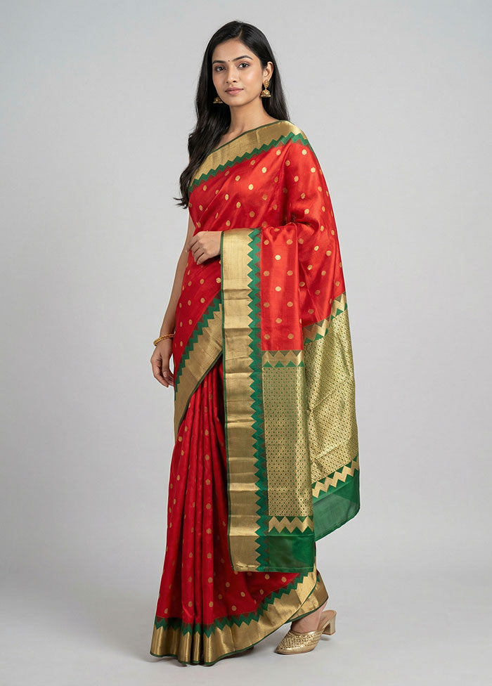 Red Handloom Kanchipuram Pure Silk Saree With Blouse Piece