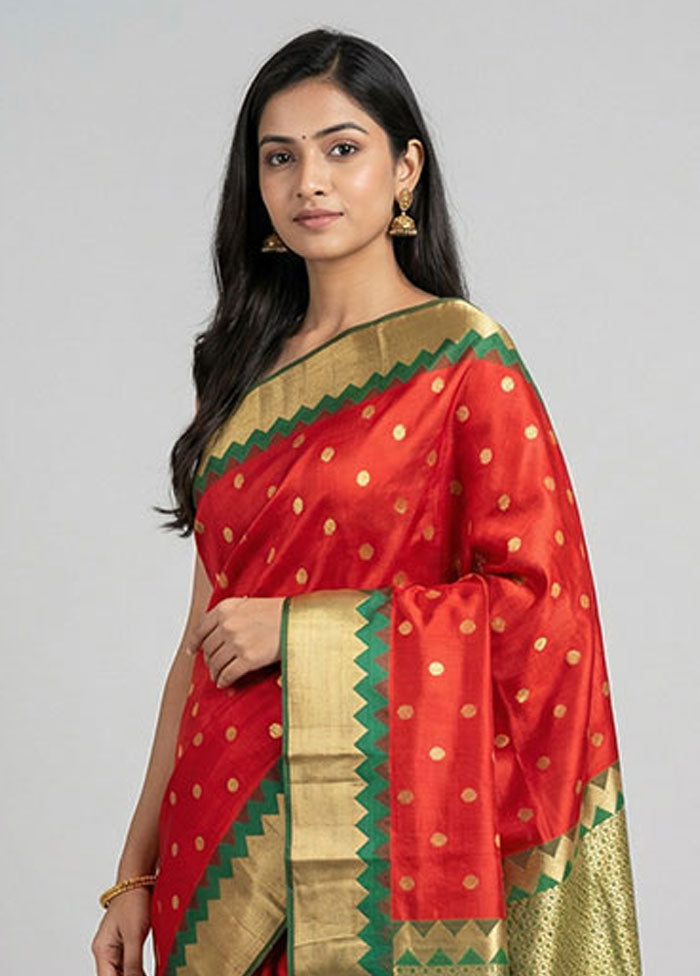 Red Handloom Kanchipuram Pure Silk Saree With Blouse Piece