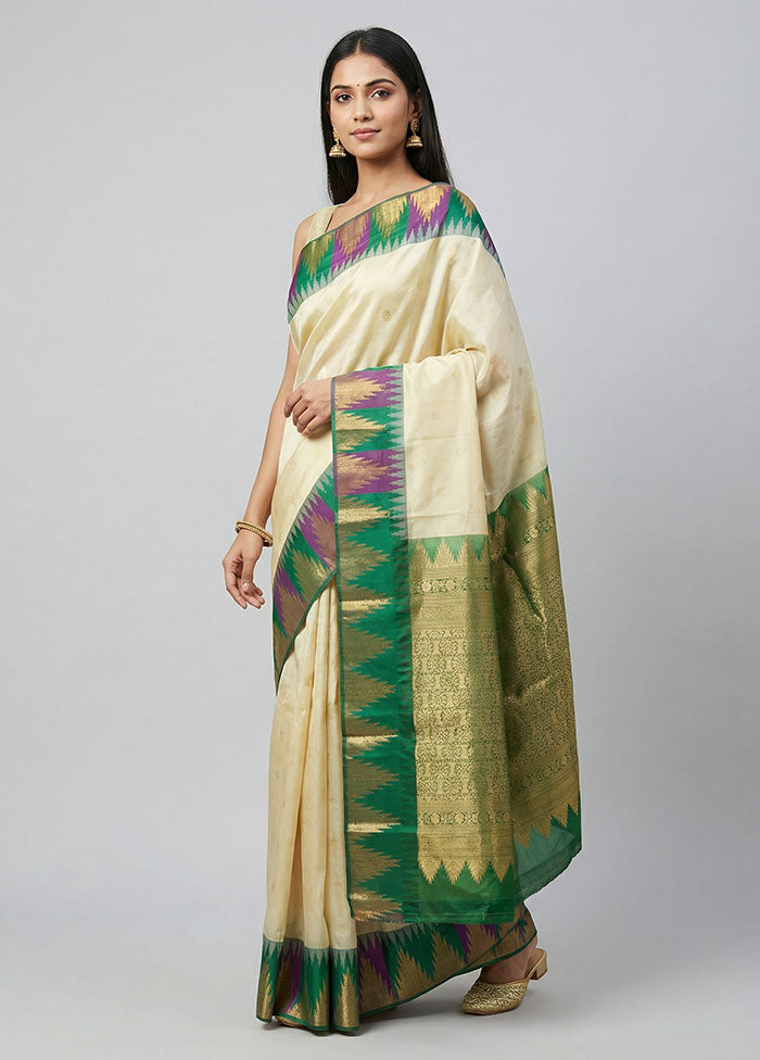 Cream Handloom Kanchipuram Pure Silk Saree With Blouse Piece