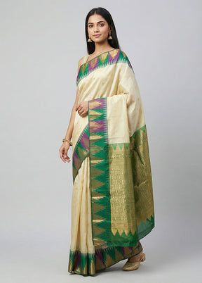 Cream Handloom Kanchipuram Pure Silk Saree With Blouse Piece