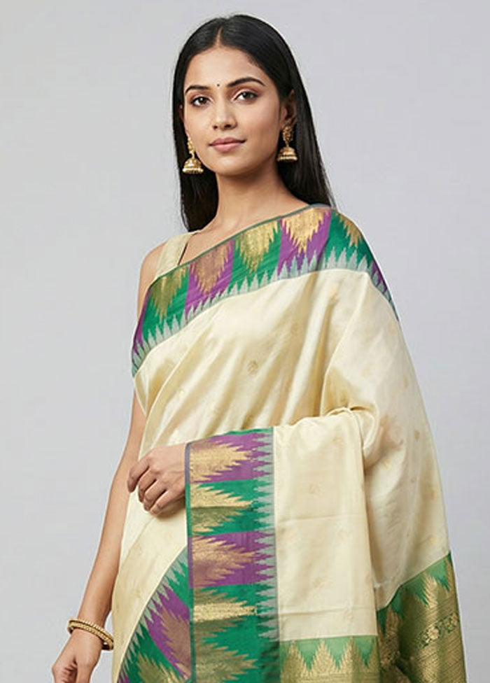 Cream Handloom Kanchipuram Pure Silk Saree With Blouse Piece
