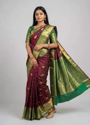 Maroon Handloom Kanchipuram Pure Silk Saree With Blouse Piece