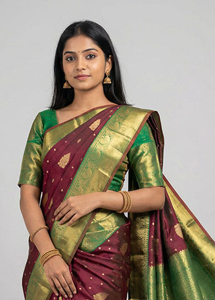 Maroon Handloom Kanchipuram Pure Silk Saree With Blouse Piece