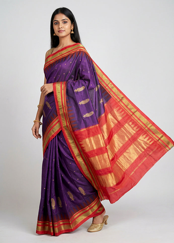 Purple Handloom Kanjivaram Pure Silk Saree With Blouse Piece