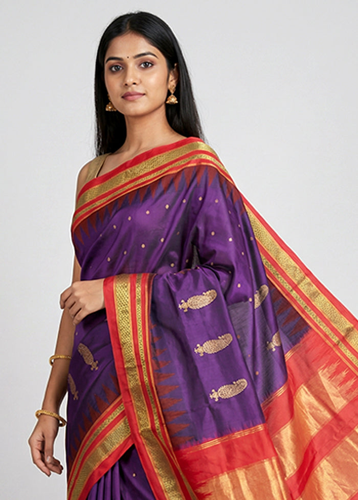 Purple Handloom Kanjivaram Pure Silk Saree With Blouse Piece