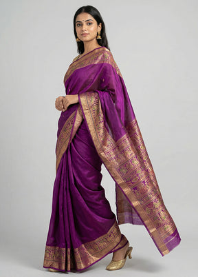 Purple Printed Pure Silk Saree Without Blouse Piece