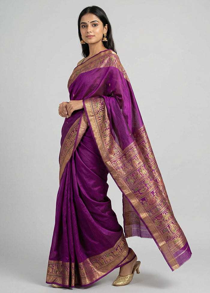 Purple Printed Pure Silk Saree Without Blouse Piece