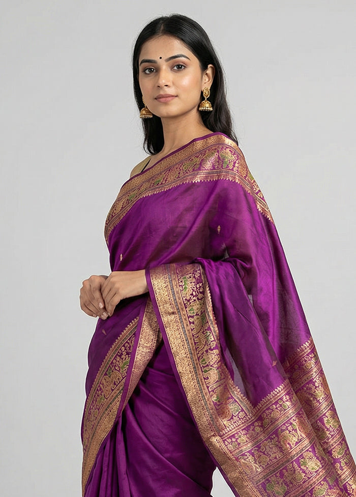 Purple Printed Pure Silk Saree Without Blouse Piece