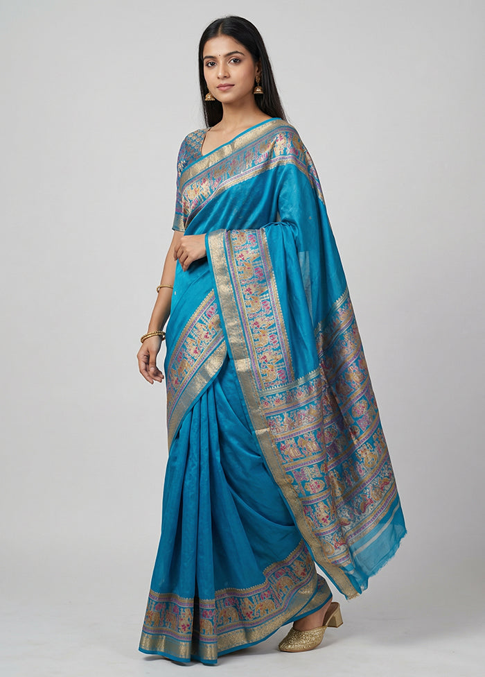 Blue Printed Pure Silk Saree Without Blouse Piece