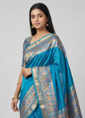 Blue Printed Pure Silk Saree Without Blouse Piece