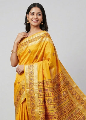 Yellow Printed Pure Silk Saree Without Blouse Piece