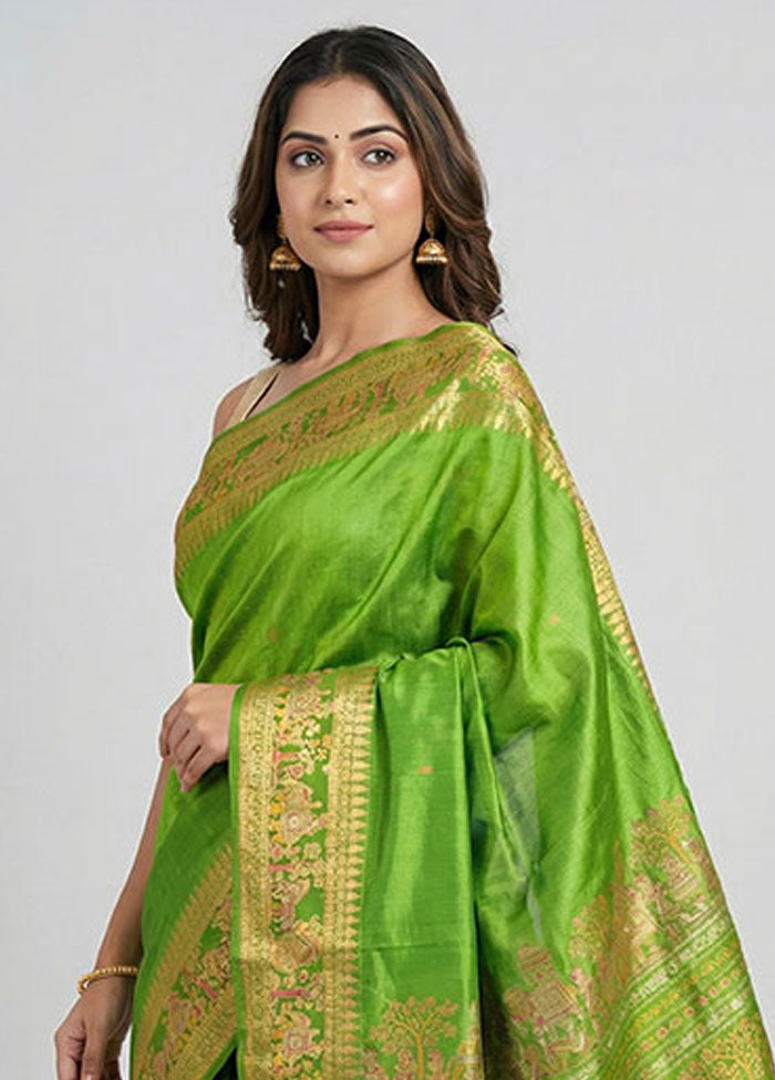 Green Printed Pure Silk Saree Without Blouse Piece